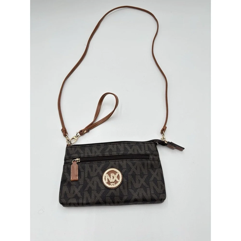 NX XN Monogram Crossbody Wristlet Purse Brown Logo Zip Clutch Bag Wallet